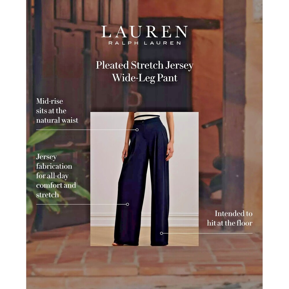 Lauren Ralph Lauren Women's Pleated Stretch Jersey Wide-Leg Pants Navy Blue 8 - Picture 5 of 12